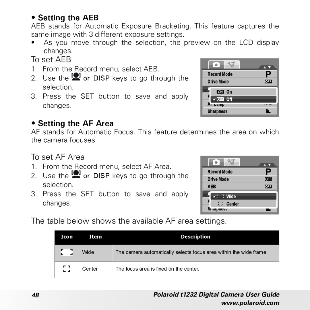 Polaroid t1232 manual Setting the AEB, To set AEB, Setting the AF Area, To set AF Area 