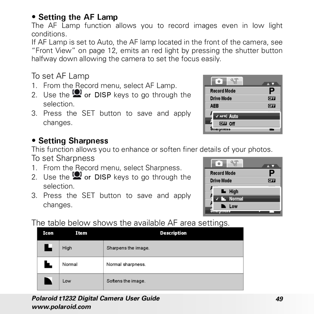 Polaroid t1232 manual Setting the AF Lamp, To set AF Lamp, Setting Sharpness, To set Sharpness 