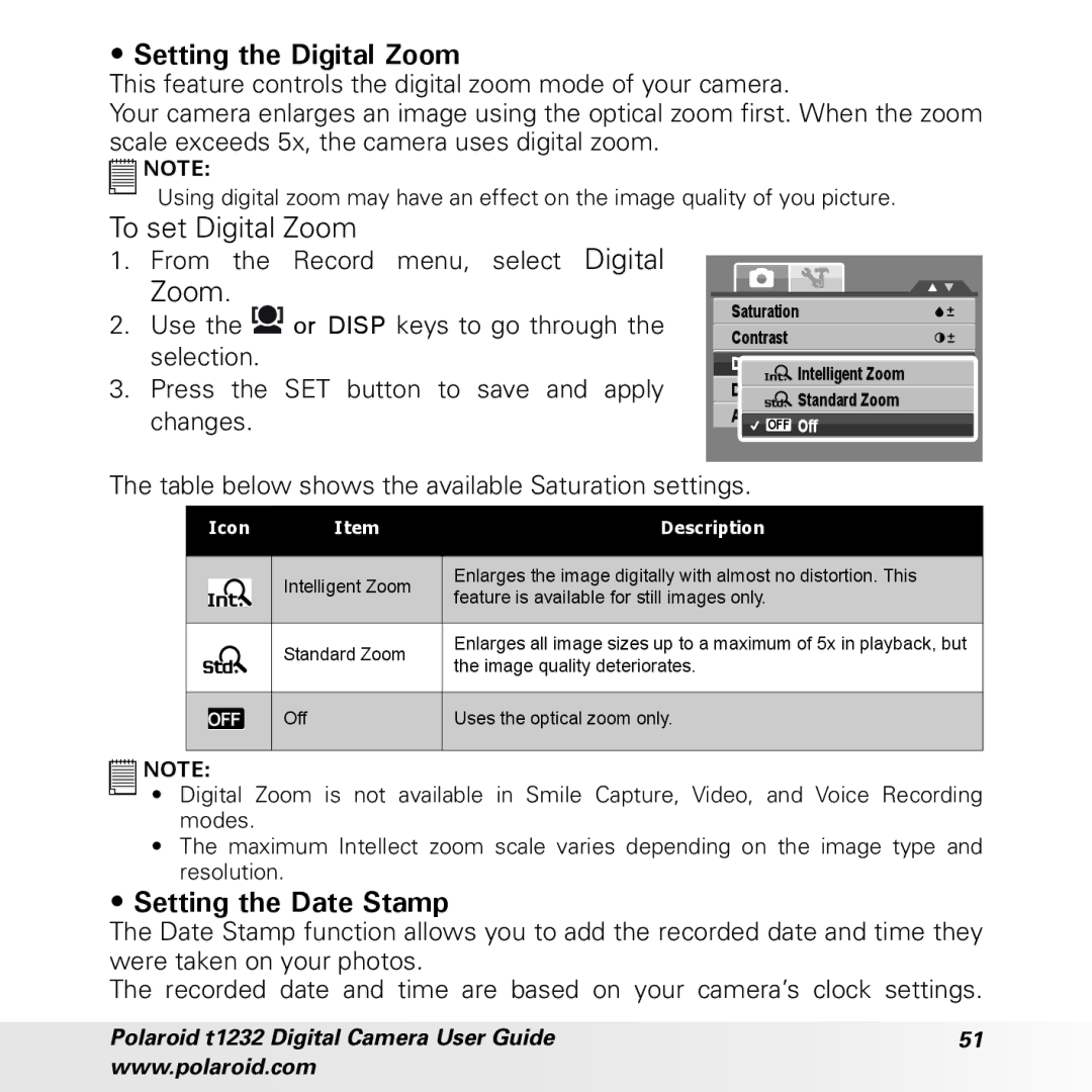 Polaroid t1232 Setting the Digital Zoom, To set Digital Zoom, Setting the Date Stamp, From the Record menu, select Digital 