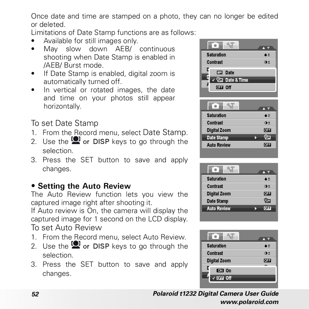 Polaroid t1232 manual To set Date Stamp, Setting the Auto Review, To set Auto Review 