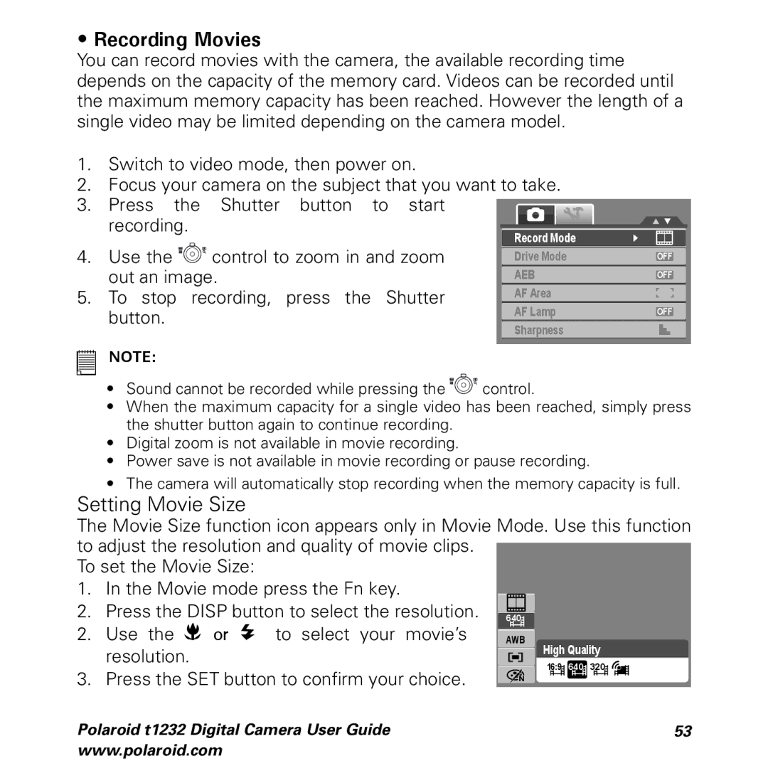 Polaroid t1232 manual Recording Movies, Setting Movie Size 