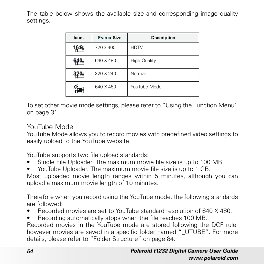 Polaroid t1232 manual YouTube Mode 