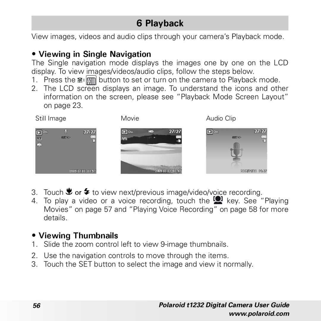 Polaroid t1232 manual Viewing in Single Navigation, Viewing Thumbnails 