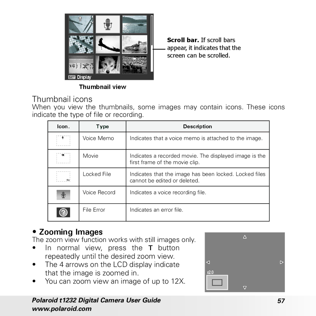 Polaroid t1232 manual Thumbnail icons, Zooming Images, You can zoom view an image of up to 