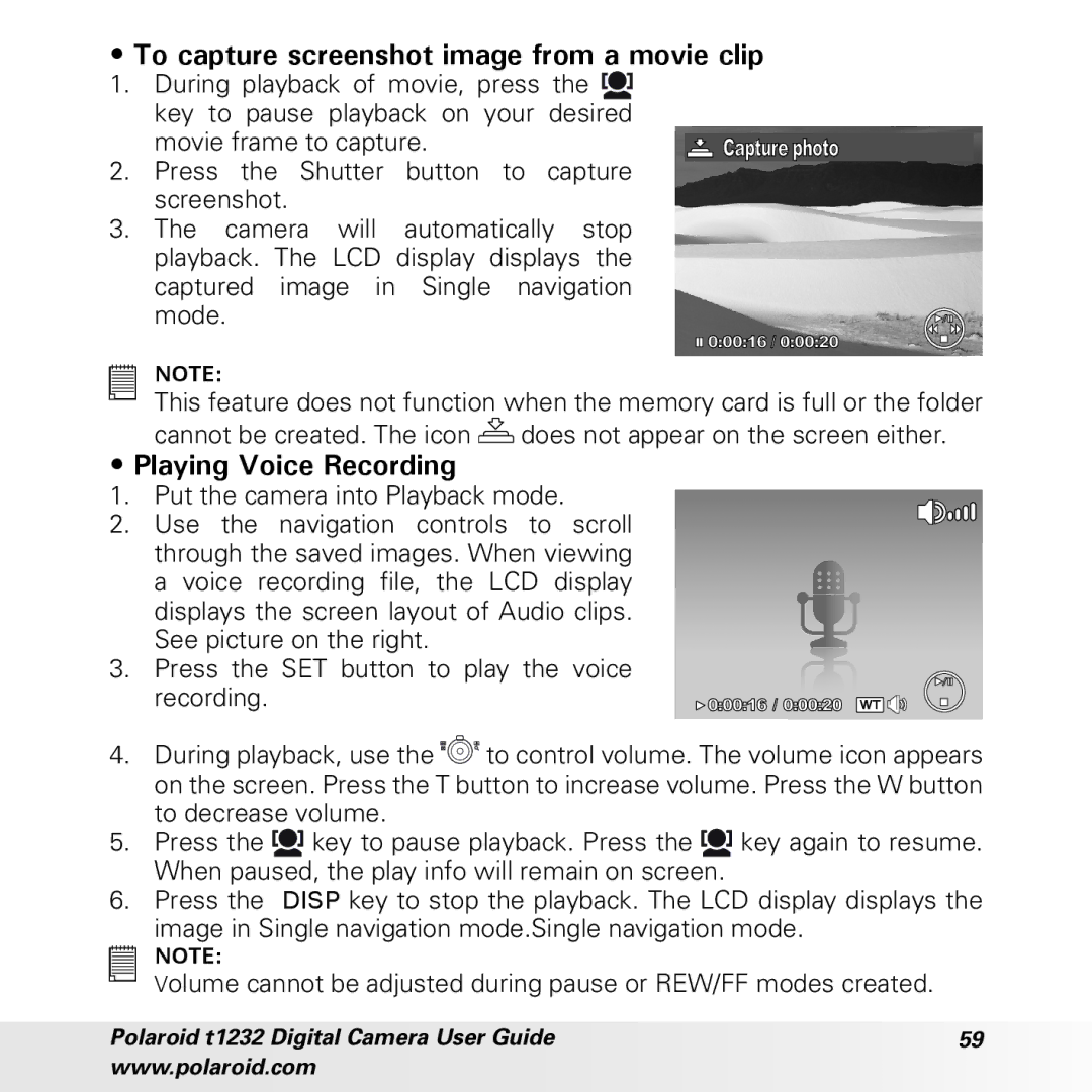 Polaroid t1232 manual To capture screenshot image from a movie clip, Playing Voice Recording 