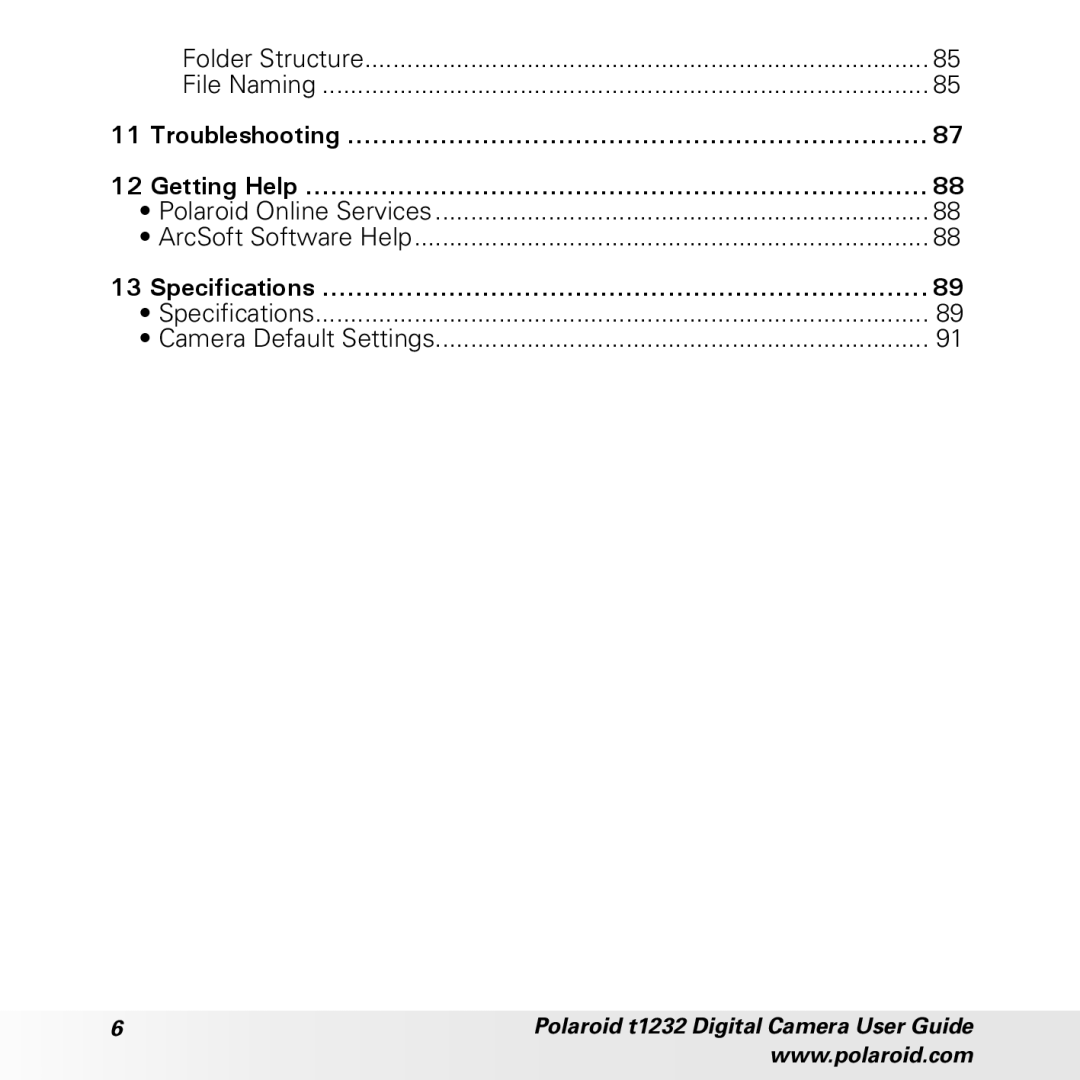 Polaroid t1232 Folder Structure File Naming, Troubleshooting Getting Help, Polaroid Online Services ArcSoft Software Help 