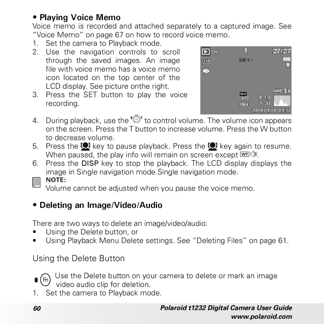 Polaroid t1232 manual Playing Voice Memo, During playback, use 