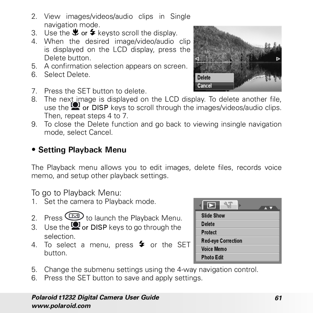 Polaroid t1232 manual Setting Playback Menu, To go to Playback Menu 