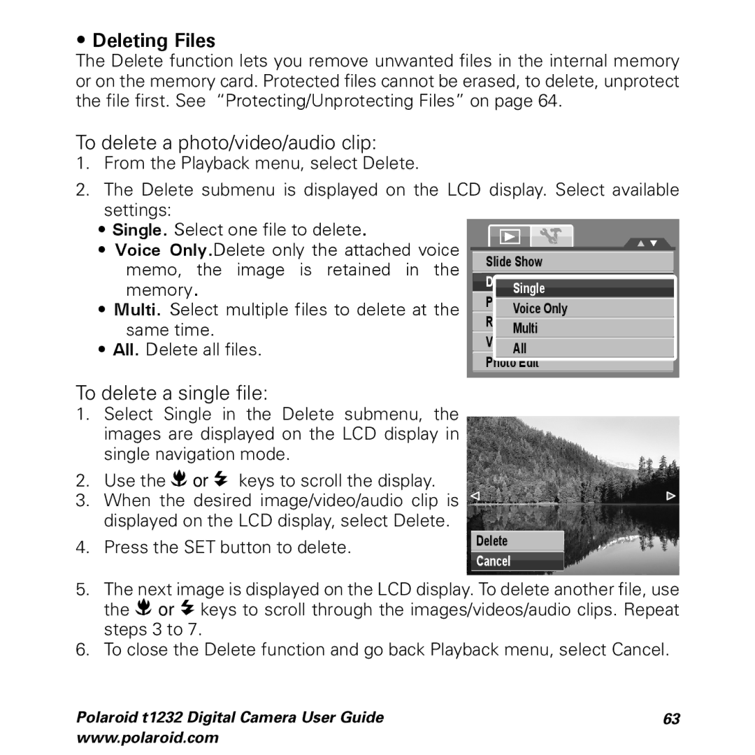 Polaroid t1232 manual Deleting Files, To delete a photo/video/audio clip, To delete a single file 