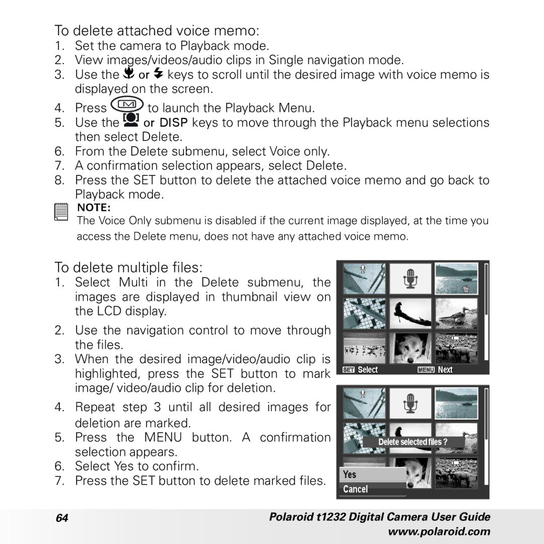 Polaroid t1232 manual To delete attached voice memo, To delete multiple files 