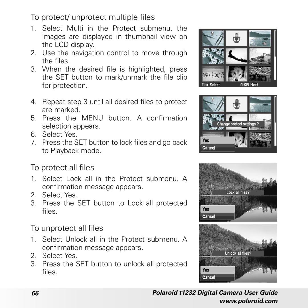 Polaroid t1232 manual To protect/ unprotect multiple files, To protect all files, To unprotect all files 