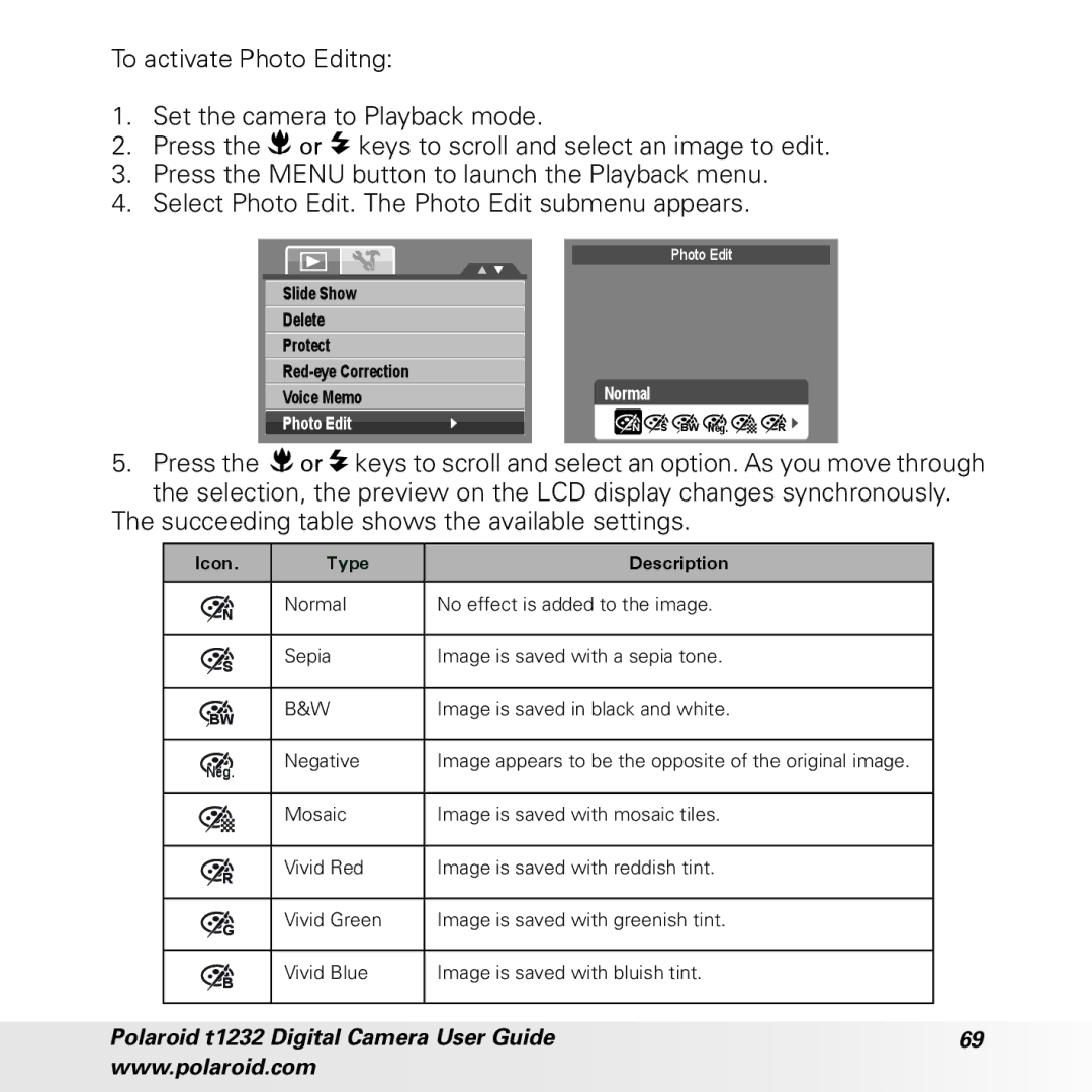 Polaroid t1232 manual Succeeding table shows the available settings 