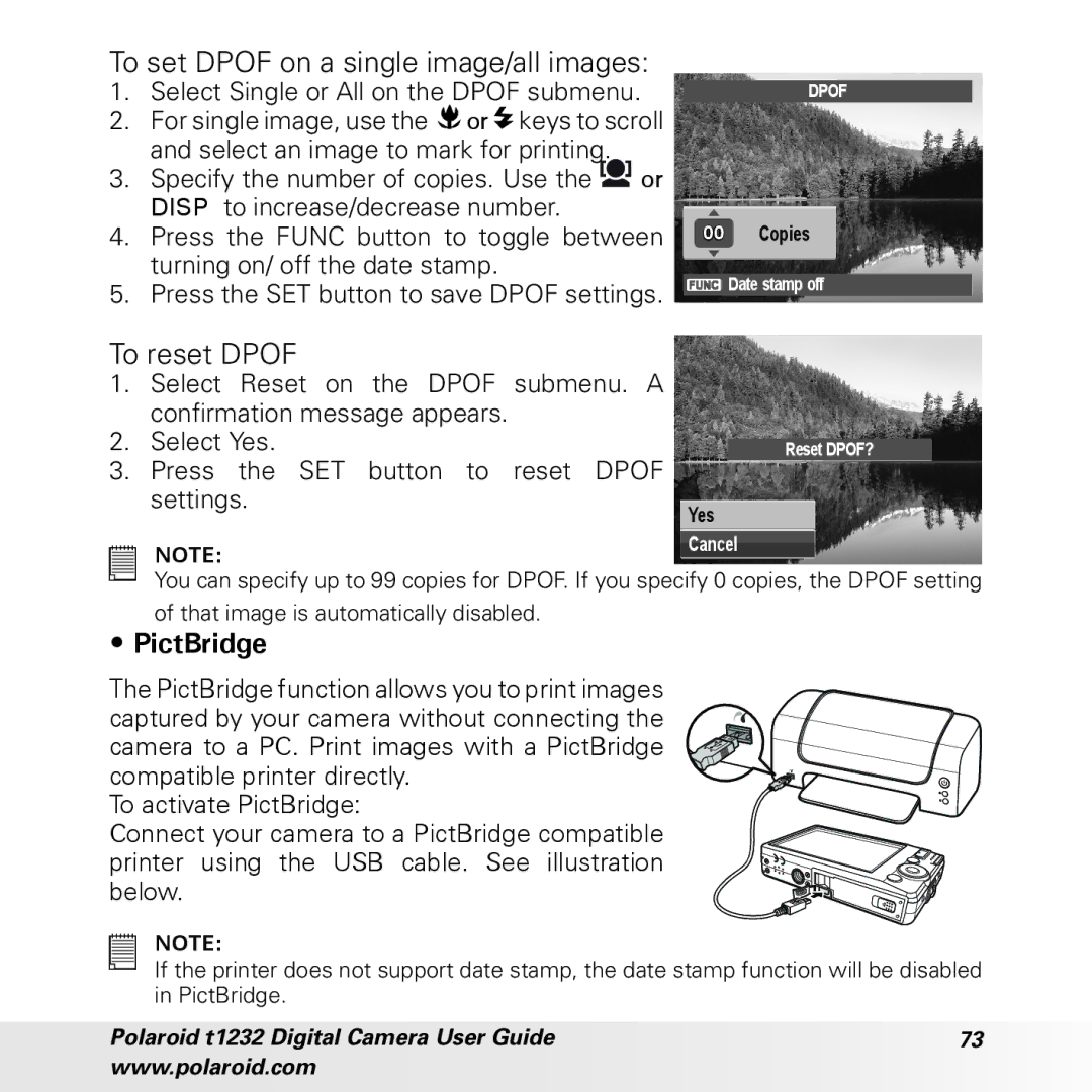 Polaroid t1232 manual To set Dpof on a single image/all images, To reset Dpof, PictBridge, Button to reset Dpof 