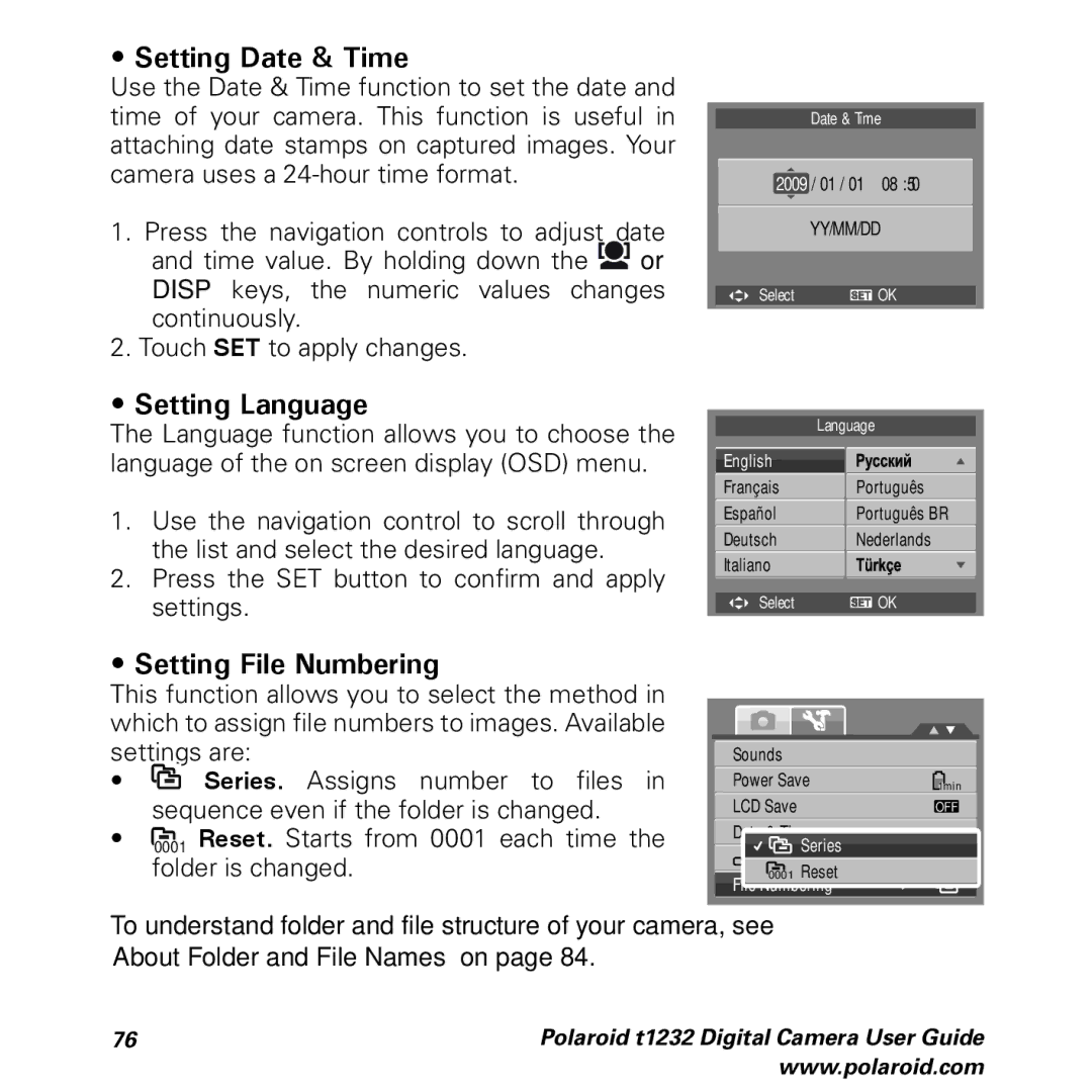 Polaroid t1232 manual Setting Date & Time, Setting Language, Setting File Numbering 