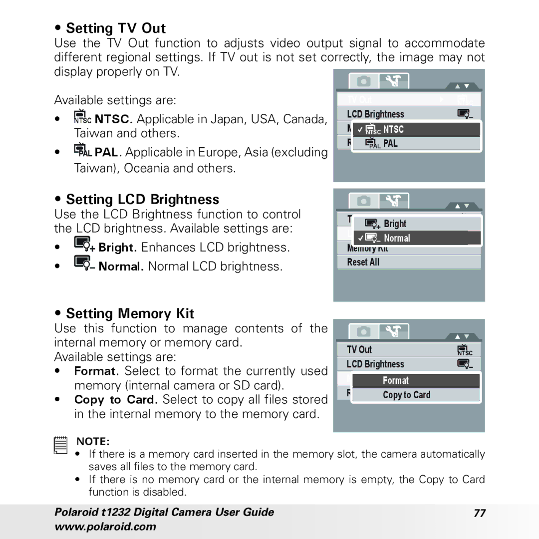 Polaroid t1232 manual Setting TV Out, Setting LCD Brightness, Setting Memory Kit 