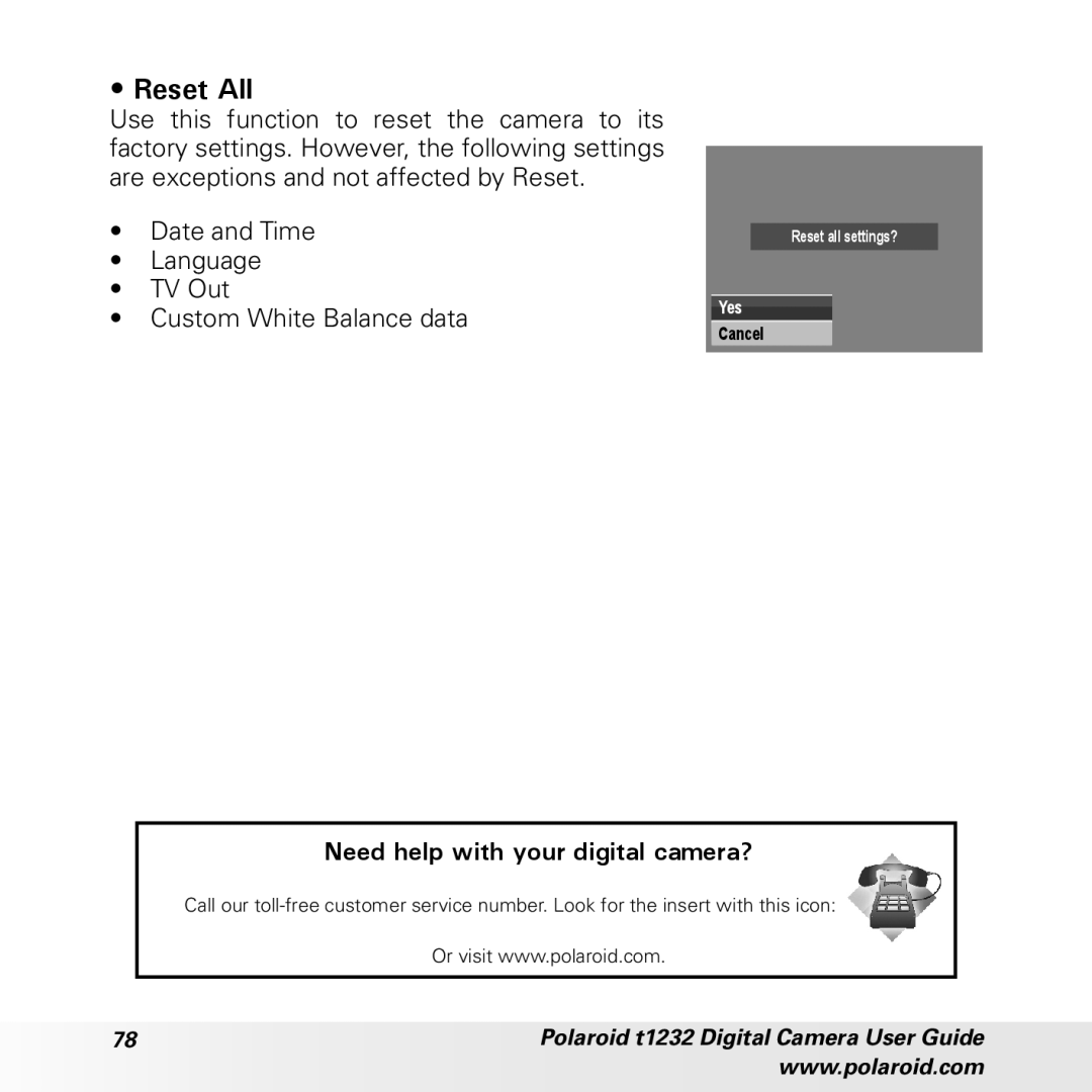 Polaroid t1232 manual Reset All, Date and Time Language TV Out Custom White Balance data 