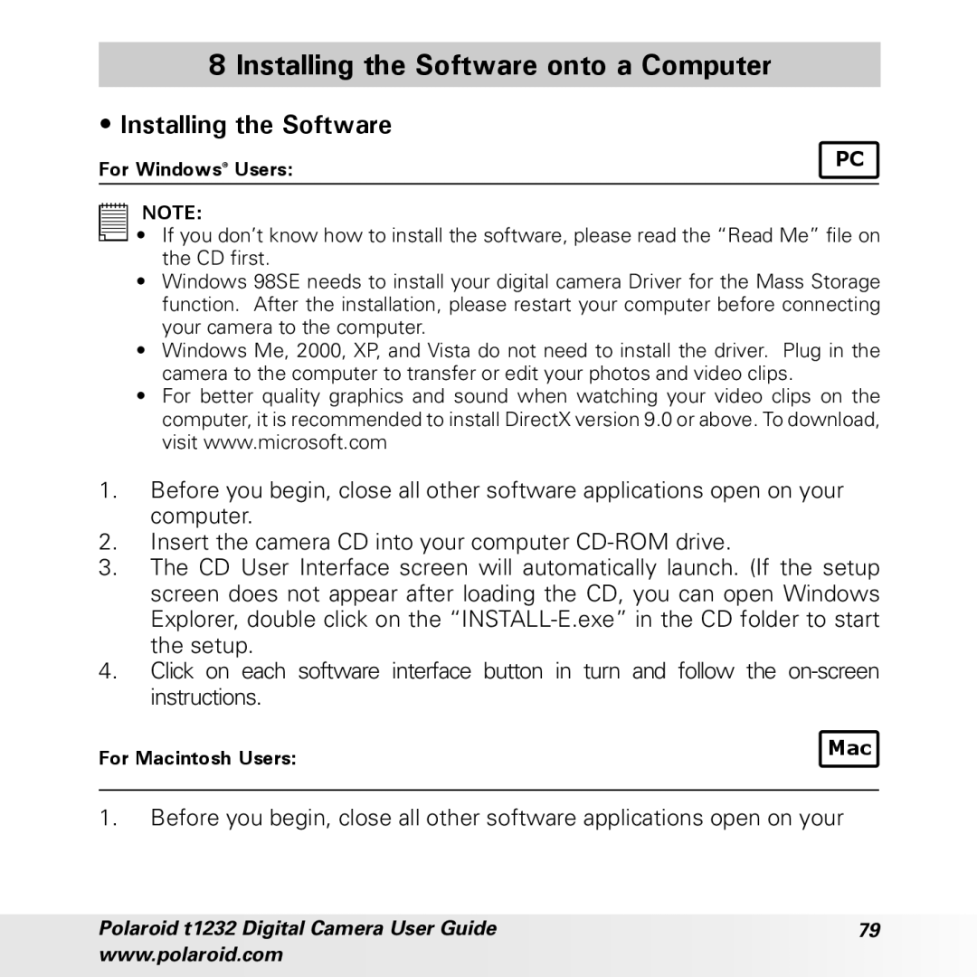 Polaroid t1232 manual Installing the Software onto a Computer 