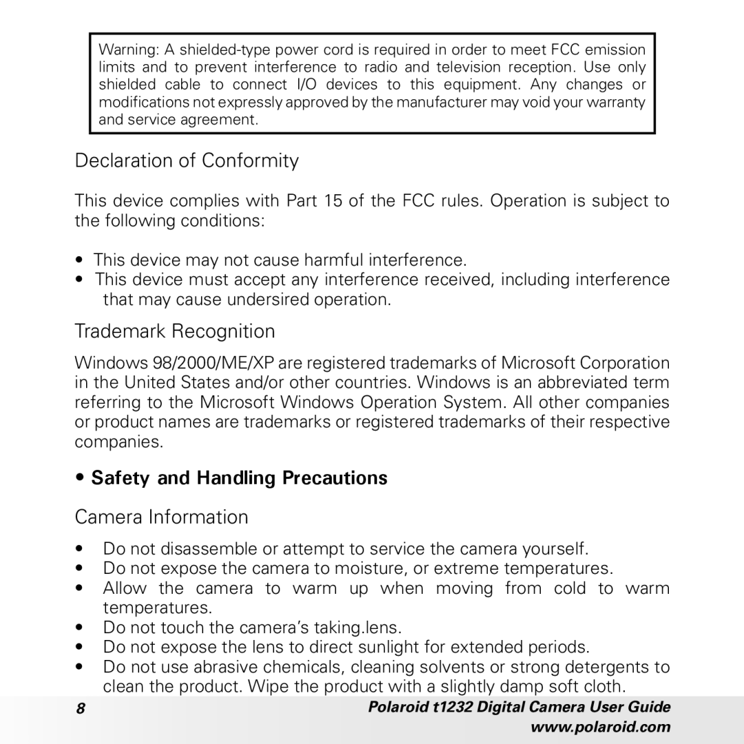 Polaroid t1232 manual Declaration of Conformity, Trademark Recognition, Safety and Handling Precautions, Camera Information 