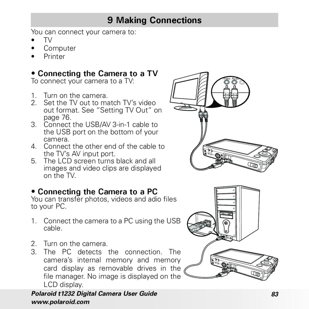 Polaroid t1232 manual Making Connections, Connecting the Camera to a TV, Connecting the Camera to a PC 