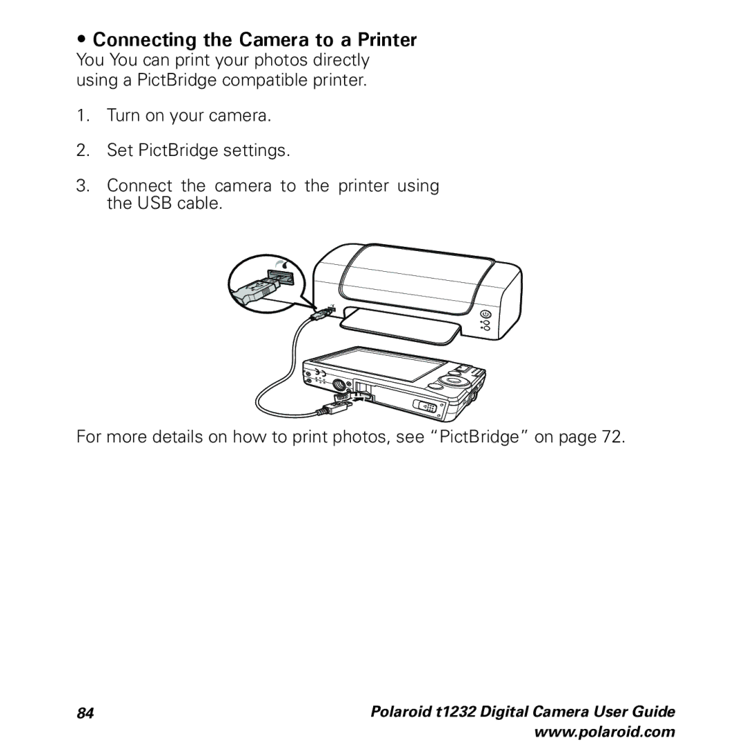 Polaroid t1232 manual Connecting the Camera to a Printer 