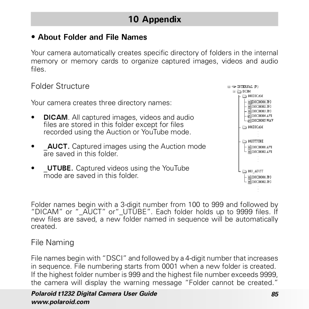 Polaroid t1232 manual Appendix, About Folder and File Names, Folder Structure, File Naming 