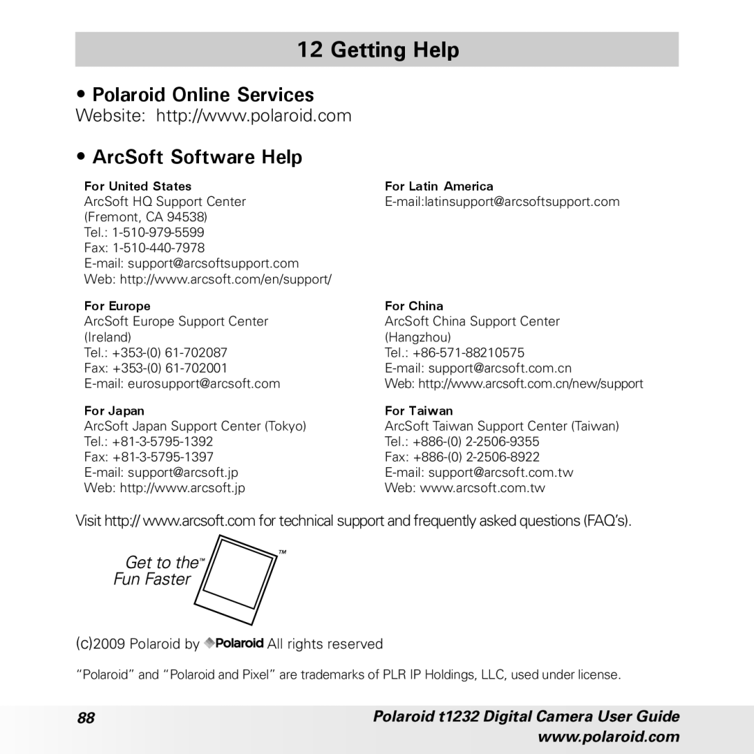 Polaroid t1232 manual Getting Help, Polaroid Online Services ArcSoft Software Help 