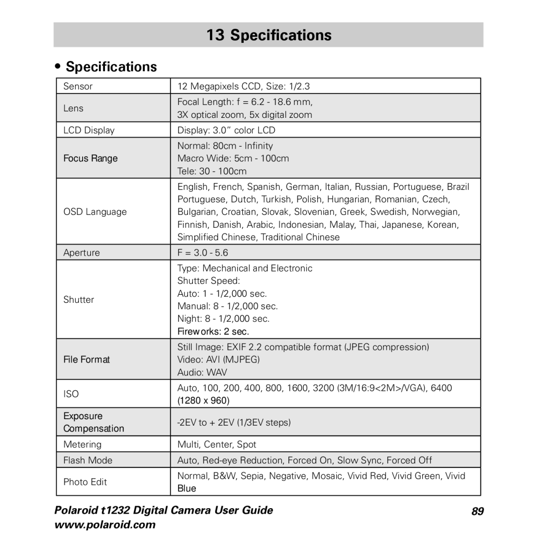 Polaroid t1232 manual Specifications 