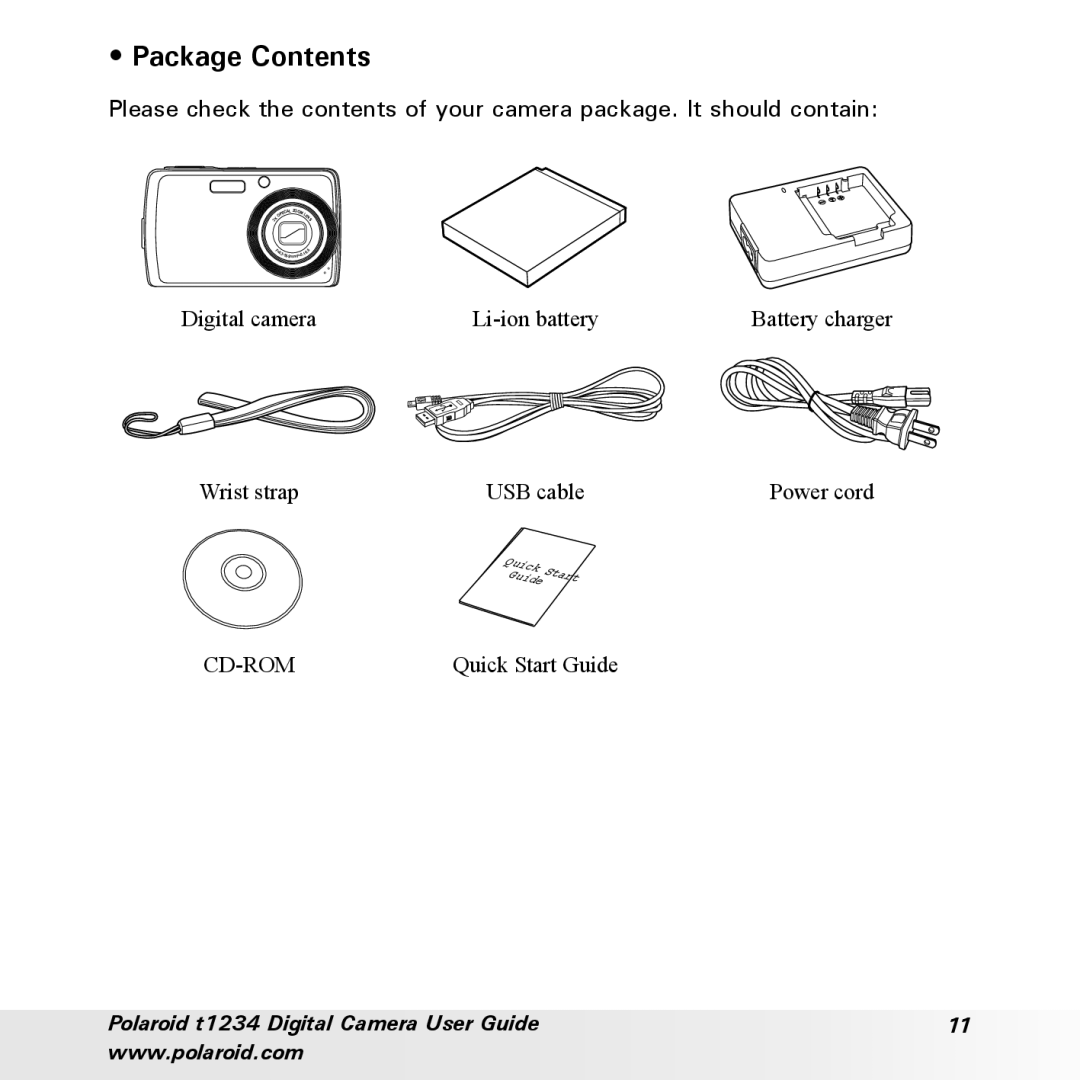 Polaroid t1234 user manual Package Contents 