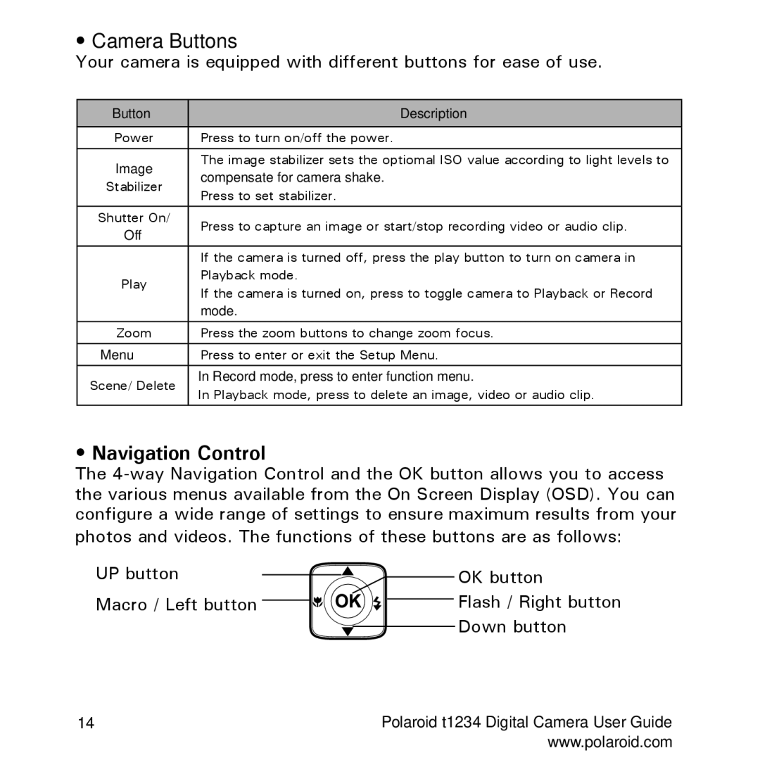 Polaroid t1234 user manual Camera Buttons, Navigation Control, Button Description 