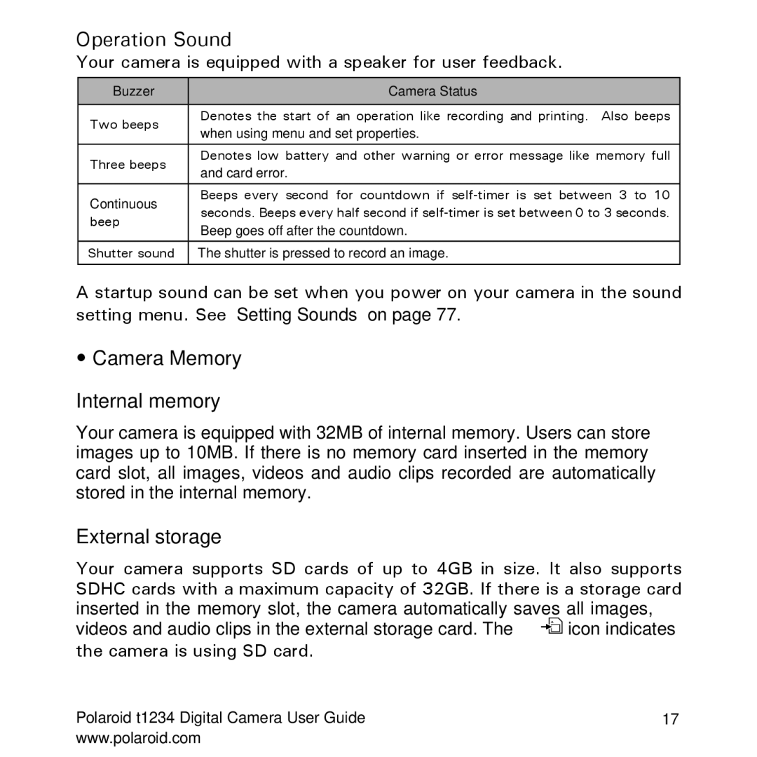 Polaroid t1234 Operation Sound, Camera Memory, Internal memory, External storage, Setting menu. See Setting Sounds on 