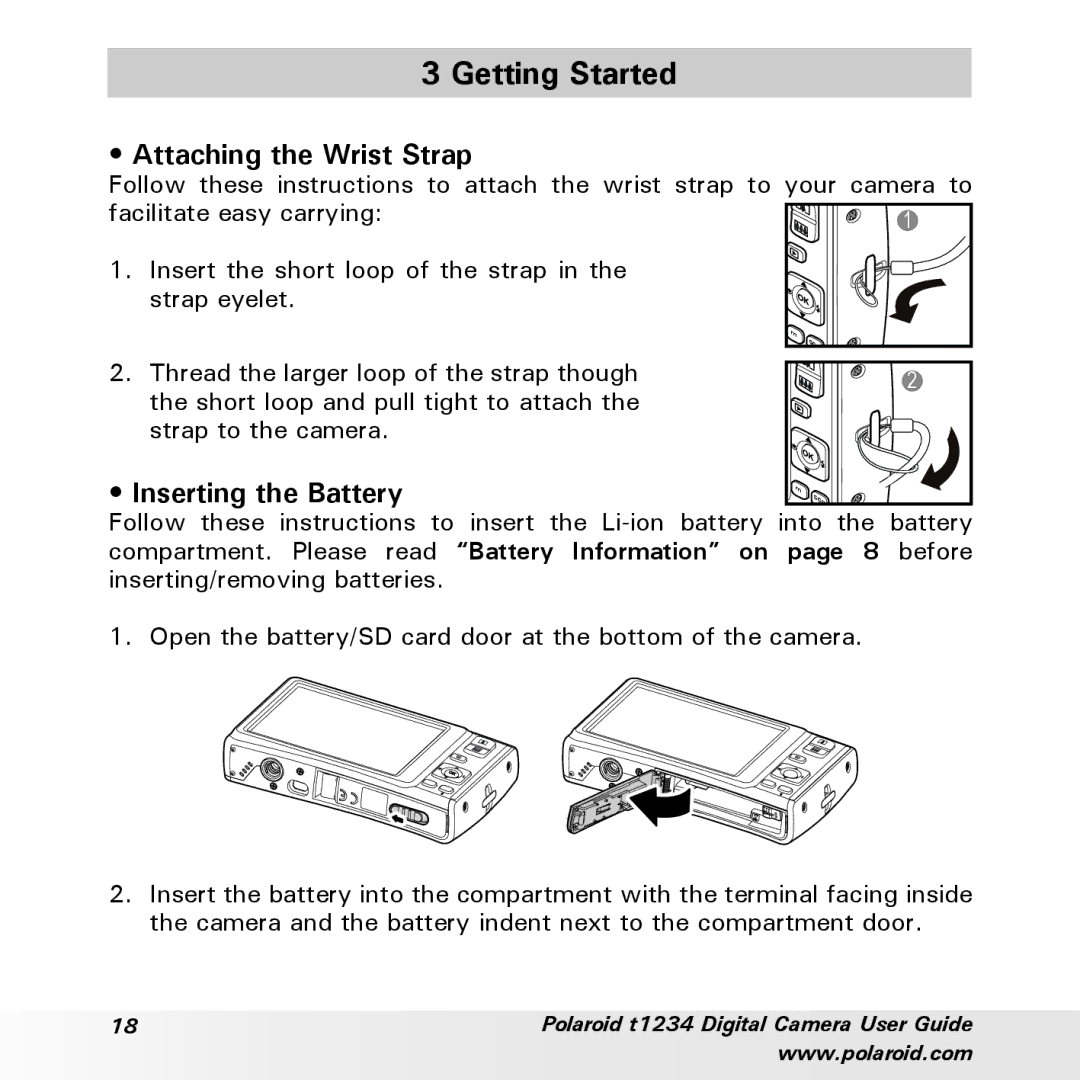 Polaroid t1234 user manual Getting Started, Attaching the Wrist Strap, Inserting the Battery 