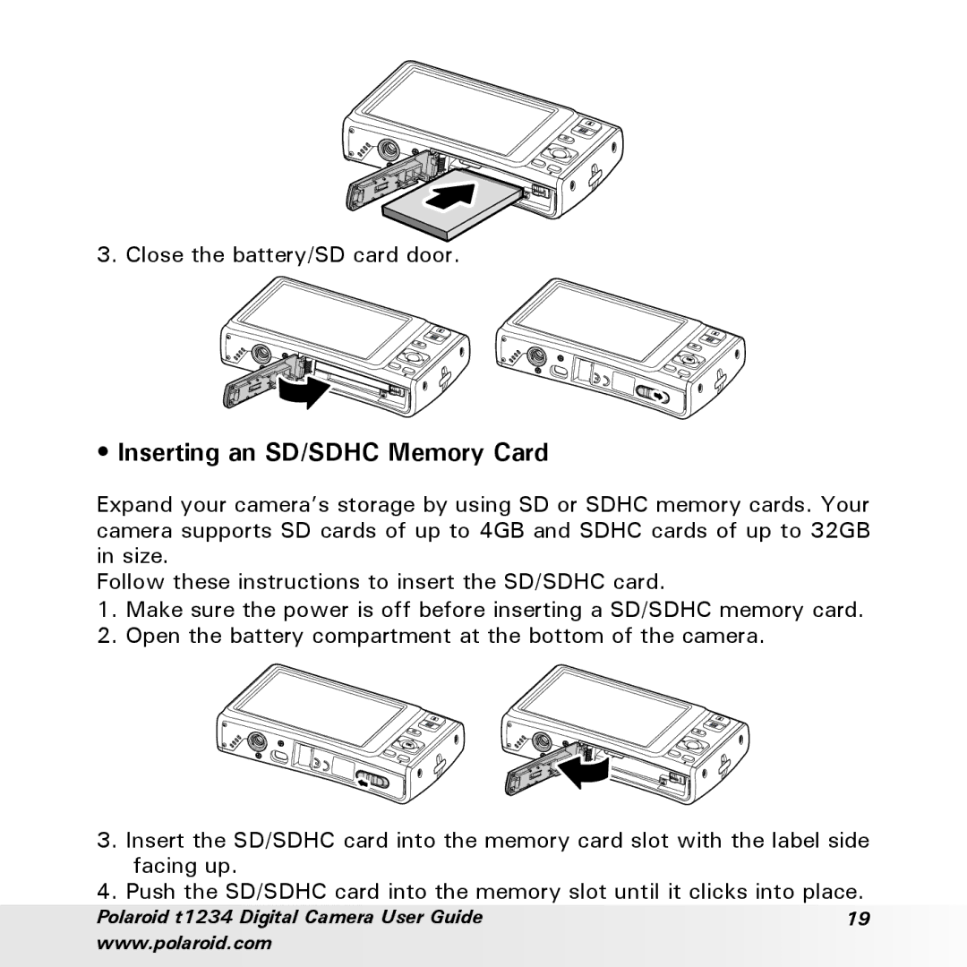 Polaroid t1234 user manual Inserting an SD/SDHC Memory Card, Close the battery/SD card door 