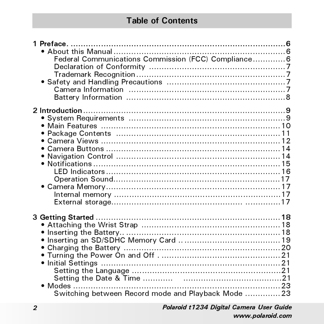 Polaroid t1234 user manual Table of Contents 