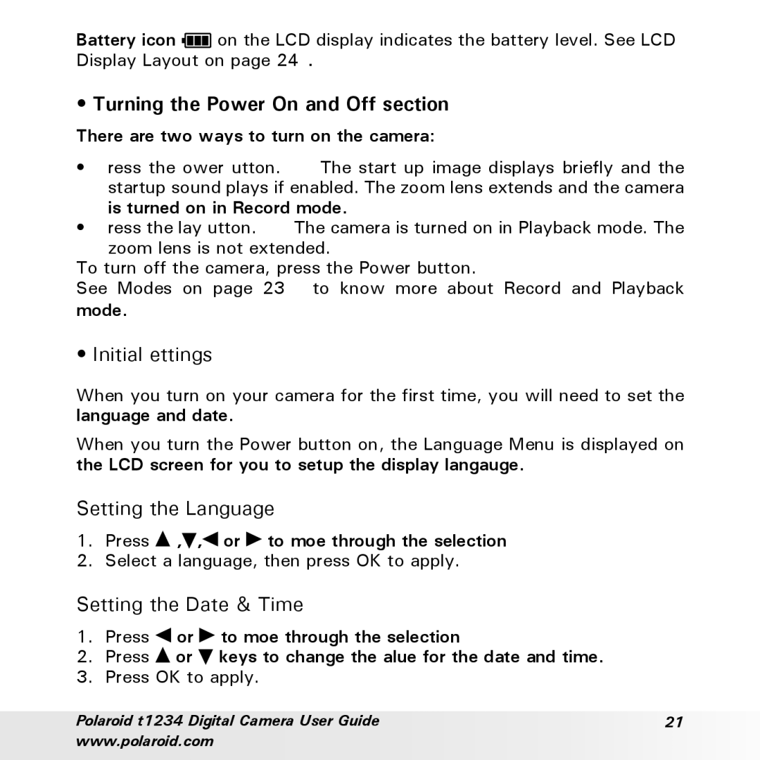 Polaroid t1234 Turning the Power On and Off section, Initial Settings, Setting the Language, Setting the Date & Time 