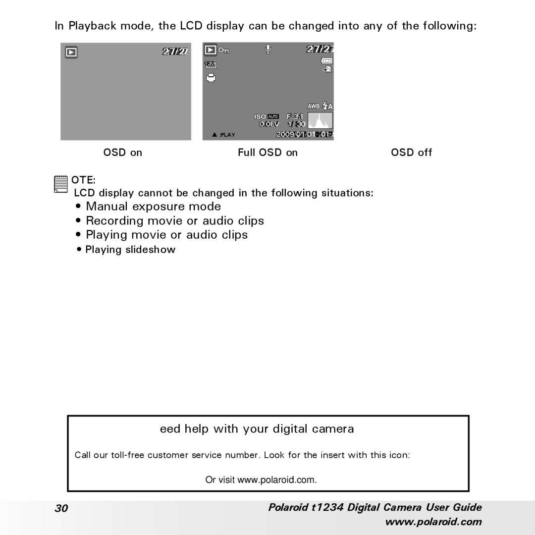 Polaroid t1234 user manual OSD on Full OSD on OSD off 