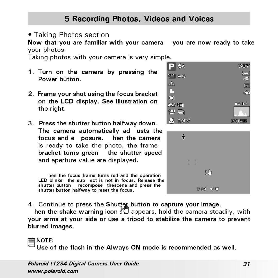 Polaroid t1234 user manual Recording Photos, Videos and Voices, Taking Photos section 