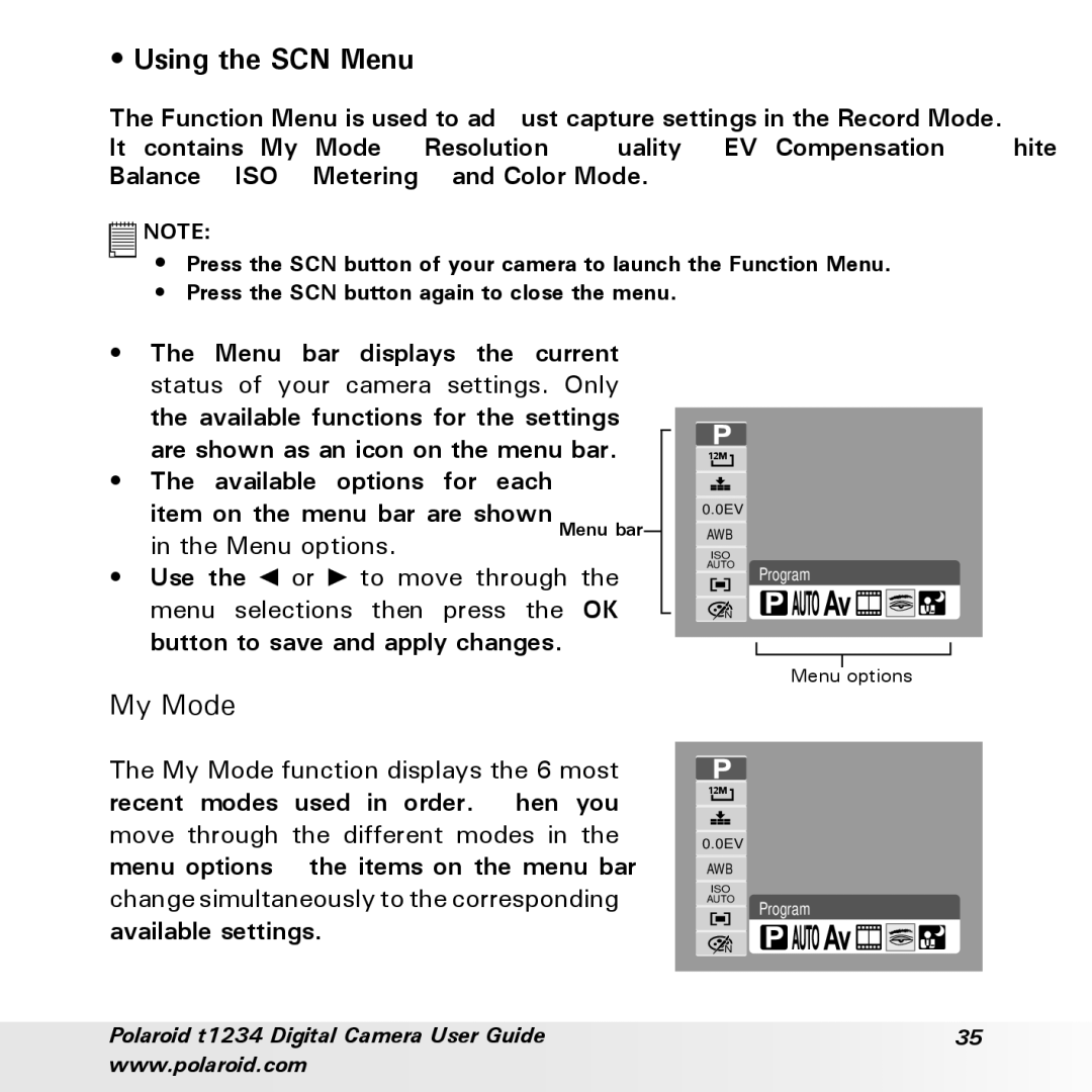 Polaroid t1234 user manual Using the SCN Menu, My Mode 