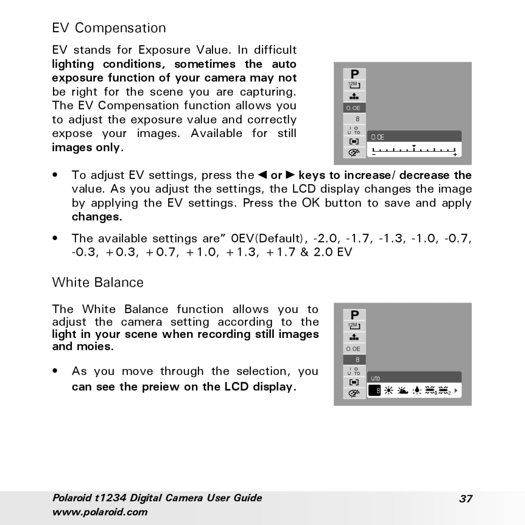 Polaroid t1234 user manual EV Compensation, White Balance 