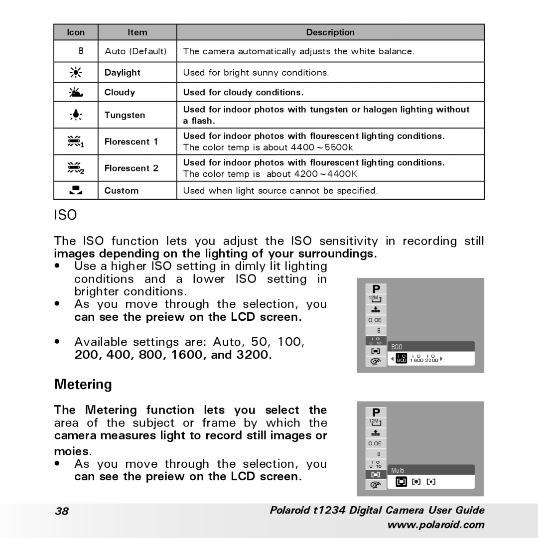 Polaroid t1234 user manual Metering, Brighter conditions, Available settings are Auto, 50, 200, 400, 800, 1600 