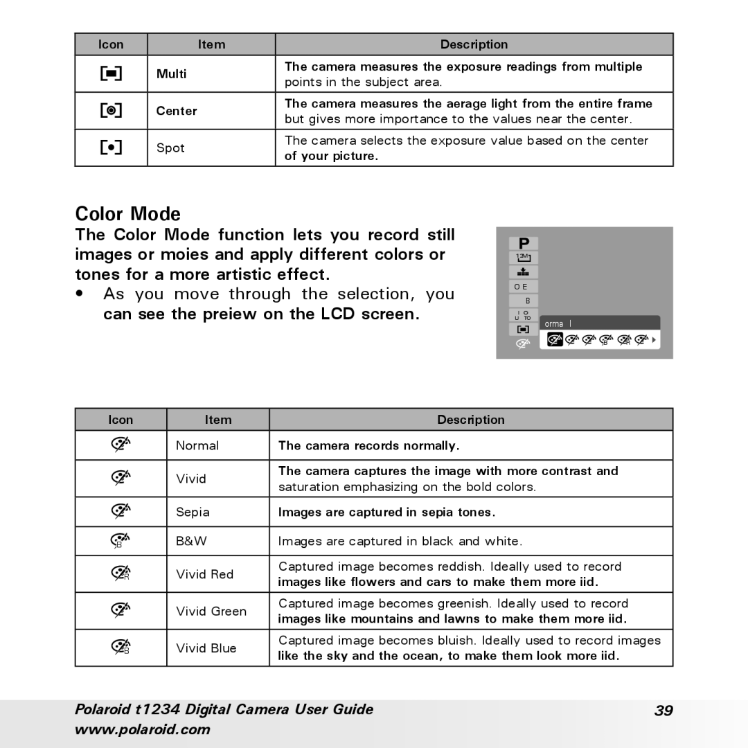 Polaroid t1234 user manual Color Mode 