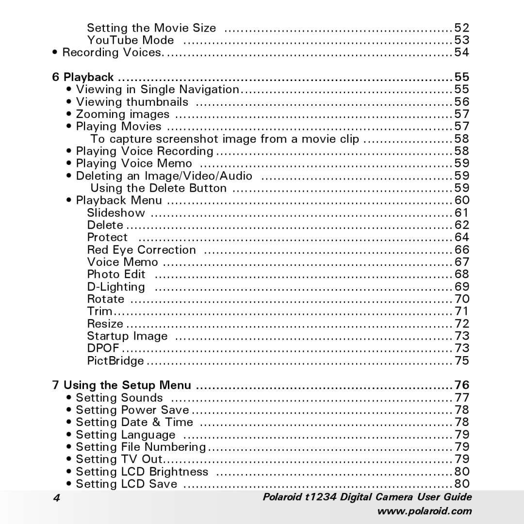 Polaroid t1234 user manual Setting the Movie Size YouTube Mode Recording Voices, Playback, PictBridge, Using the Setup Menu 