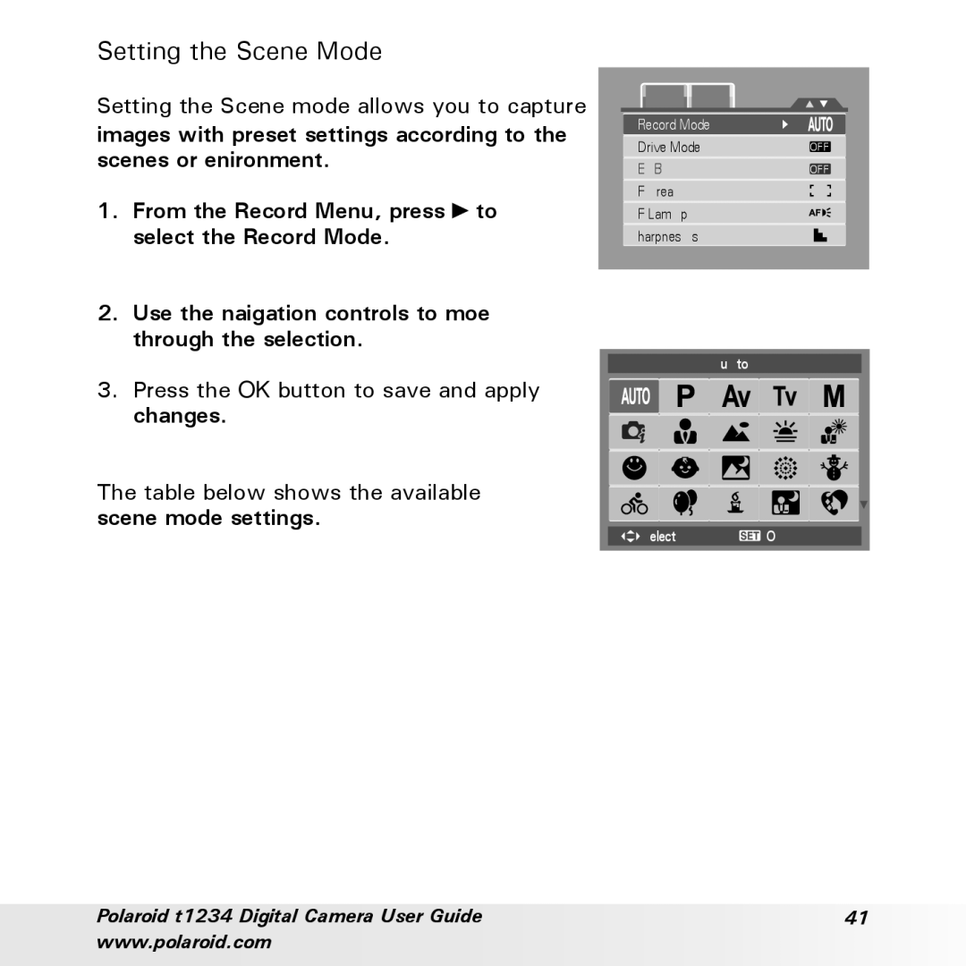 Polaroid t1234 user manual Setting the Scene Mode 