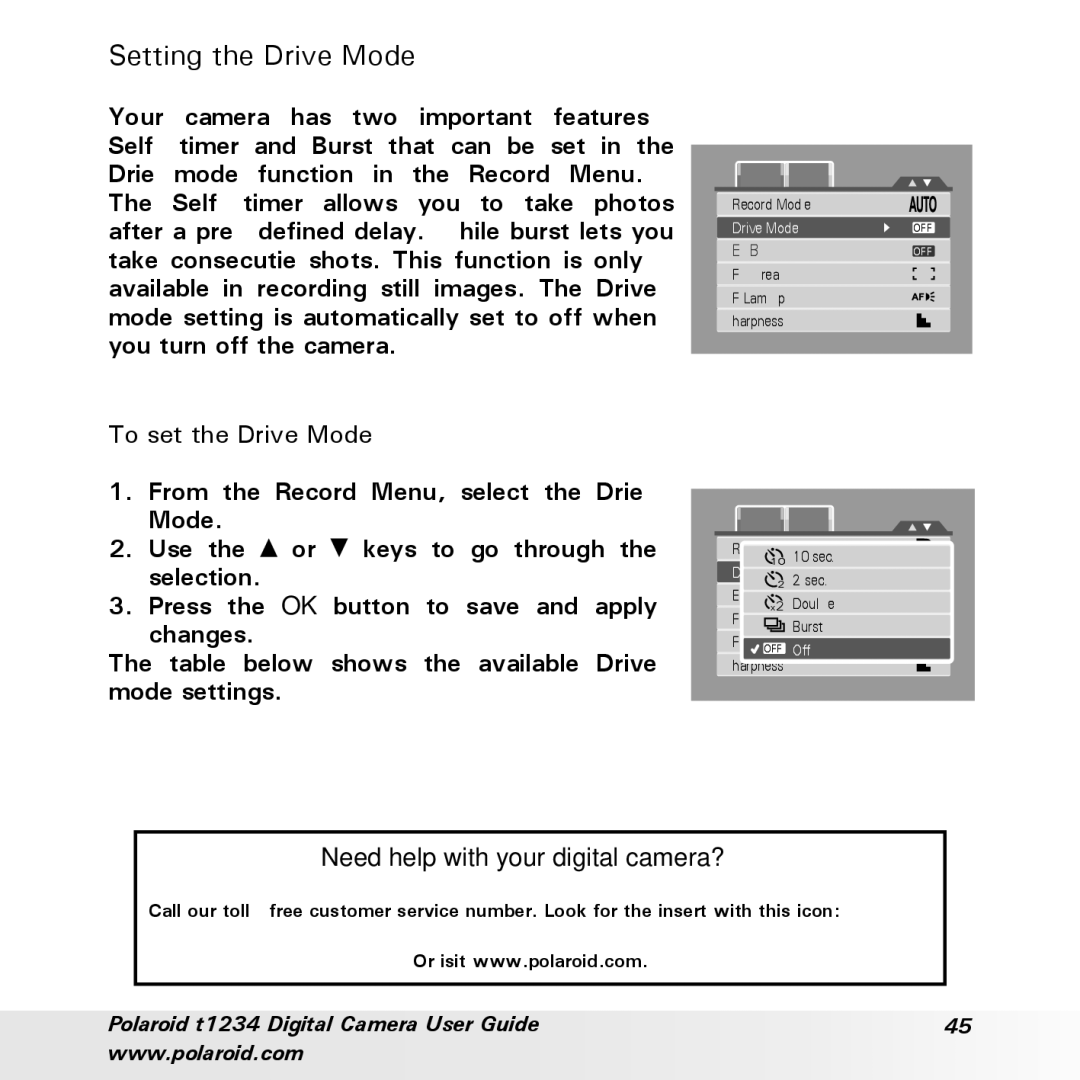 Polaroid t1234 user manual Setting the Drive Mode, To set the Drive Mode 