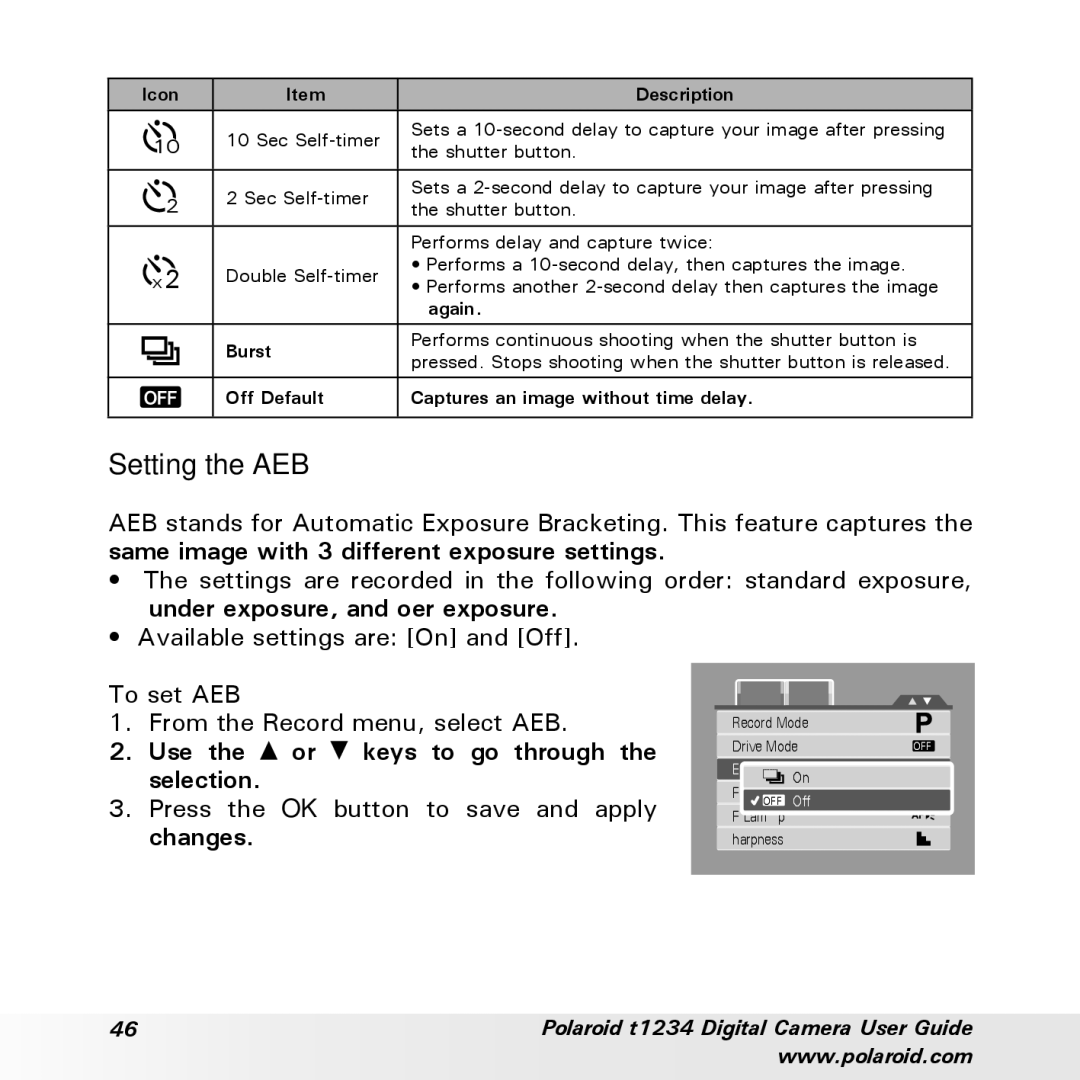 Polaroid t1234 user manual Setting the AEB 