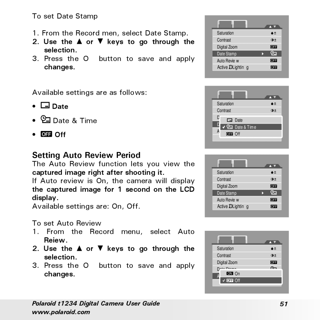 Polaroid t1234 user manual Setting Auto Review Period 