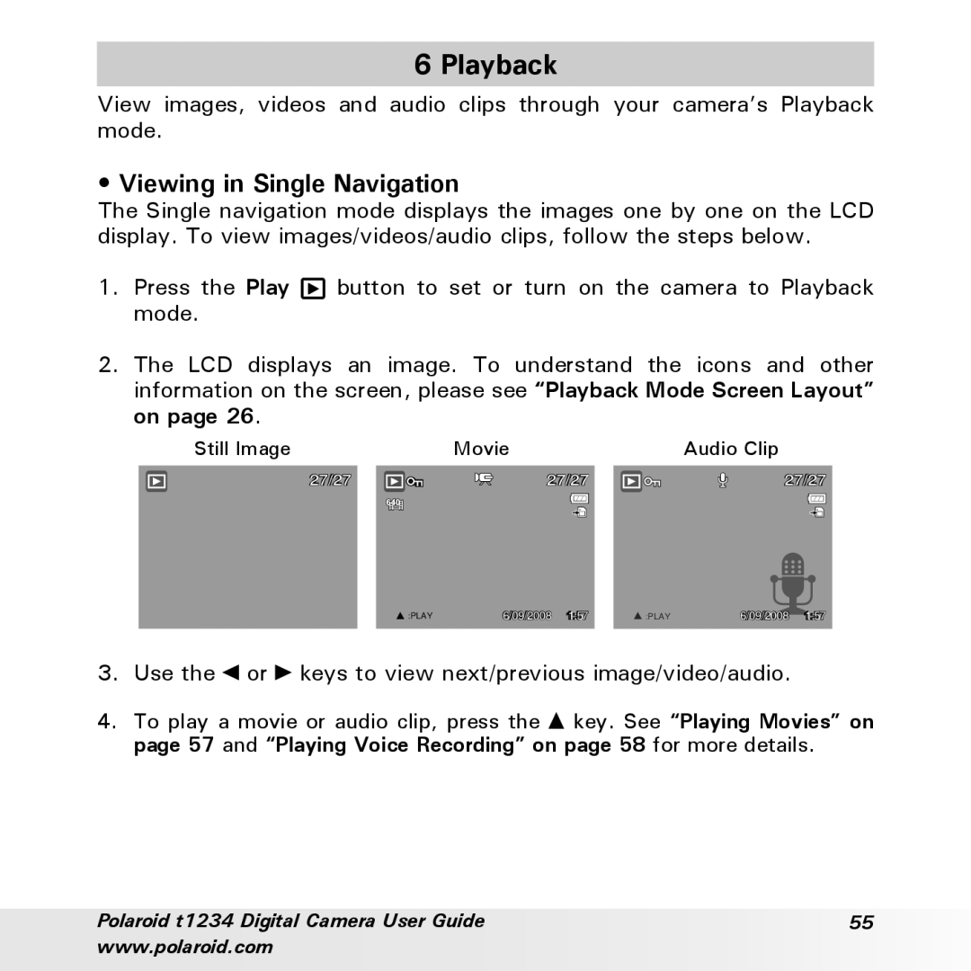 Polaroid t1234 user manual Playback, Viewing in Single Navigation, Use the or keys to view next/previous image/video/audio 