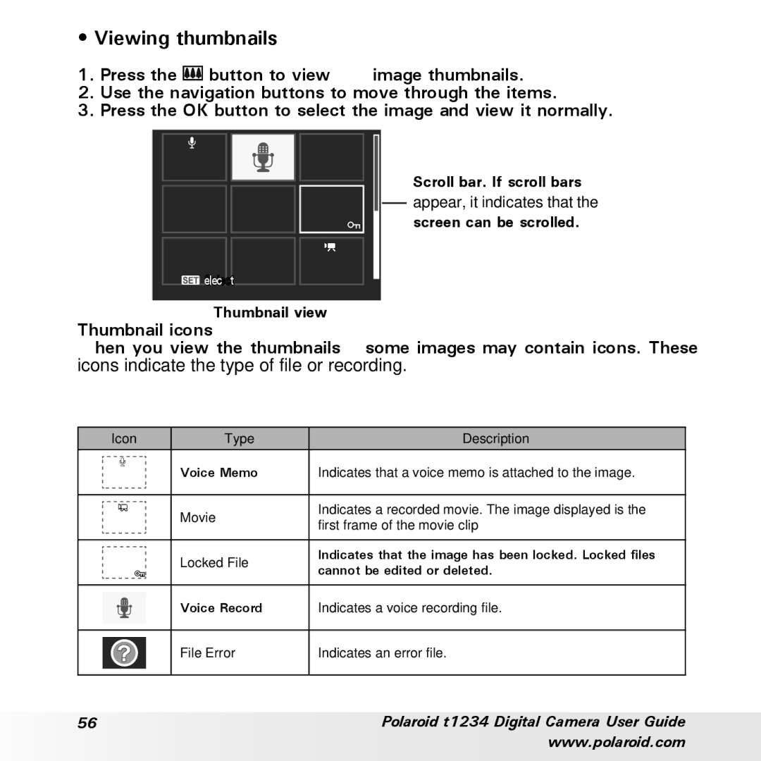 Polaroid t1234 user manual Viewing thumbnails 