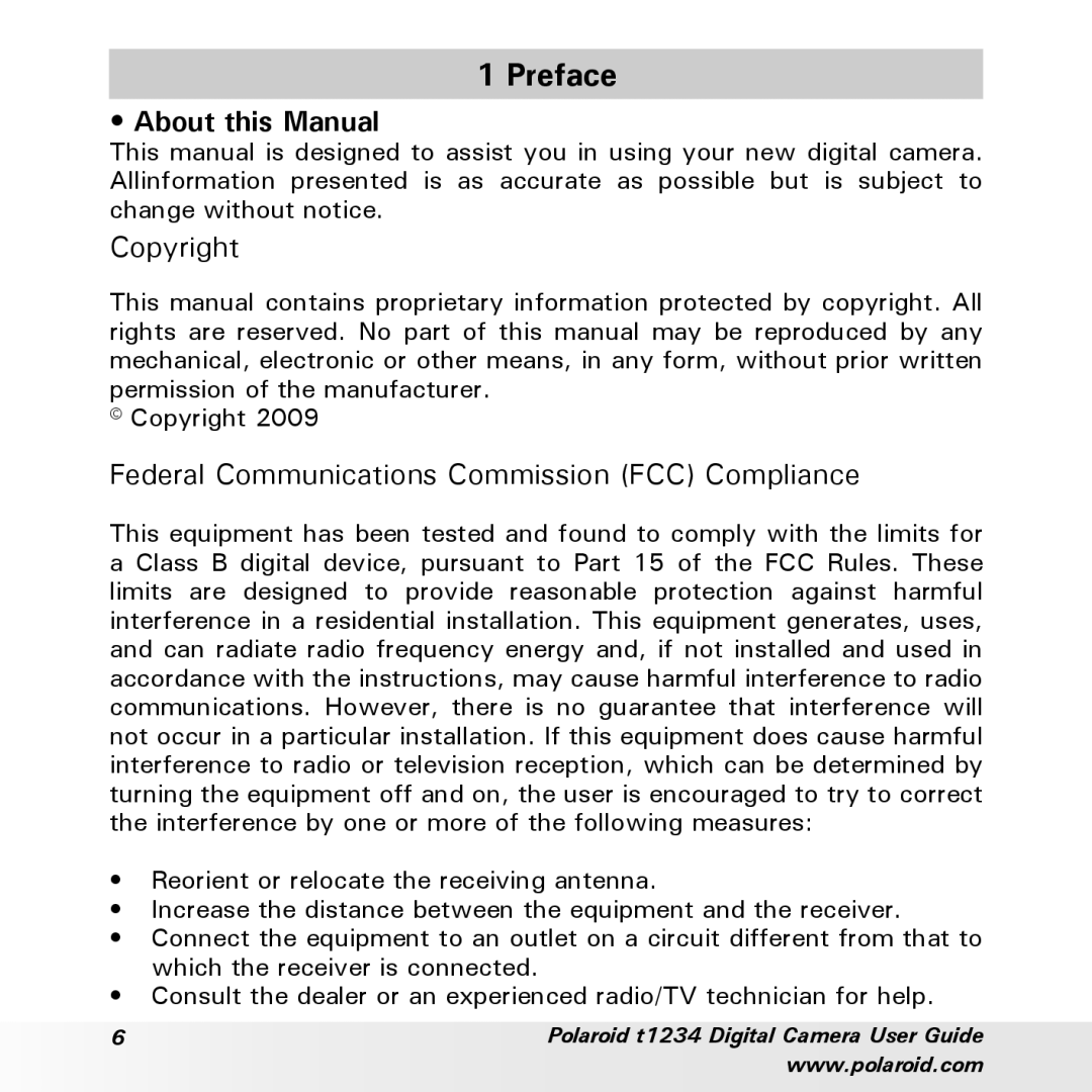 Polaroid t1234 user manual Preface, About this Manual, Copyright, Federal Communications Commission FCC Compliance 