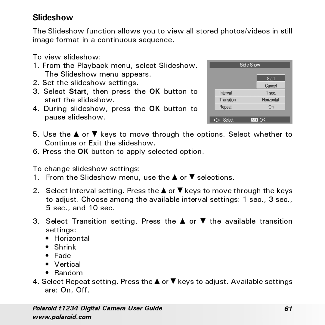 Polaroid t1234 user manual Slideshow 