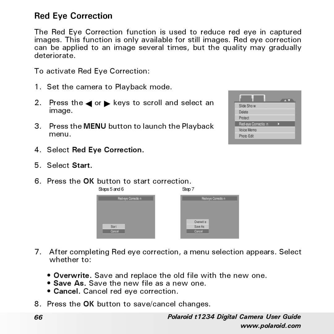 Polaroid t1234 user manual Select Red Eye Correction, Select Start Press the OK button to start correction 